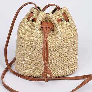 Woven Straw Bucket Crossbody Bag with Slide Tassel Closure